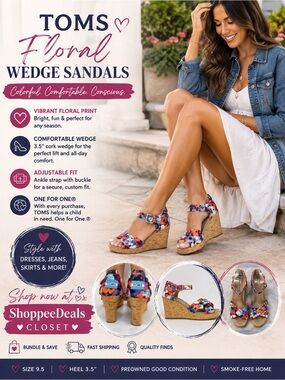TOMS Floral Cork Wedge Sandals – Women’s Size 9.5